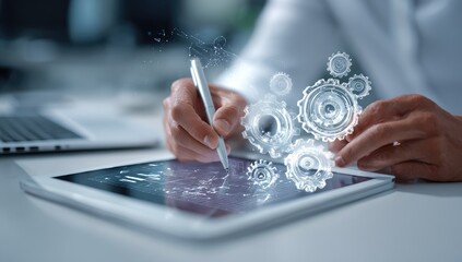 Close-up of hands using stylus on tablet, displaying digital gears
