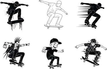 Skateboarder silhouette performing tricks, vector illustration of extreme sport characters, modern street art design, dynamic movement action poses, skateboarding lifestyle concept