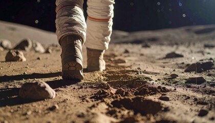 Obraz premium Alien leaving new footprints on dusty moon surface, distant space background, 8K detail