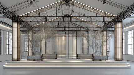 Obraz premium Bright, airy event space with metal structure, bare trees, & platform