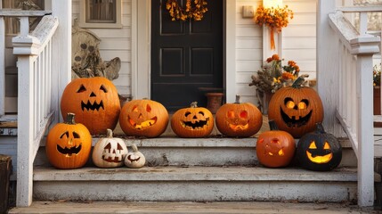 Obraz premium Traditional Halloween pumpkin decorations with various Jack-o'-lanterns on a porch.
