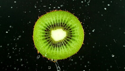 Kiwi slice in water droplets