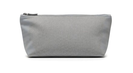Gray zippered cosmetic bag, closed and displayed on a white background.