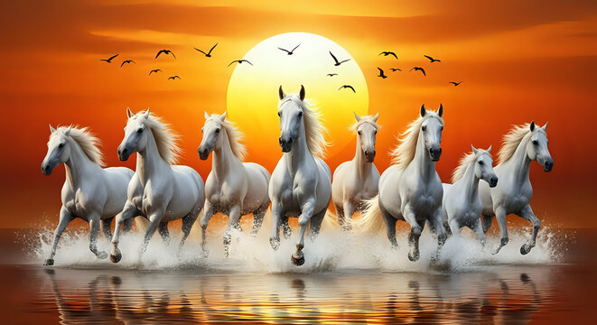 A group of white horses running through water at sunset with birds flying overhead in the sky