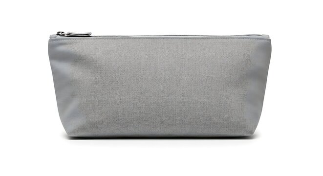 Gray zippered cosmetic bag, closed and displayed on a white background.