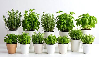 Collection of potted herbs in various sizes and shades of green, arranged on a white surface against a white background