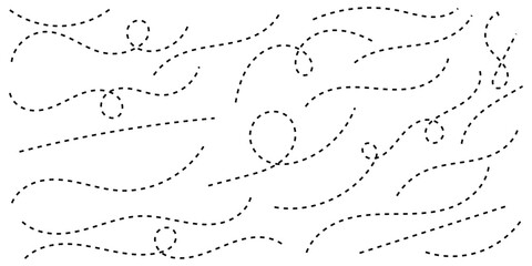 Hand drawn curve dotted line, Spiral dotted line hand drawn, Dotted lines path on white background. Path travel dotted line trip dashed trace destination track plan and silhouette, travelling symbol. 