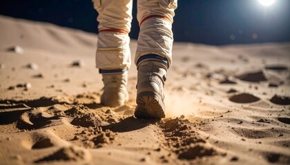 Alien leaving new footprints on dusty moon surface, distant space background, 8K detail