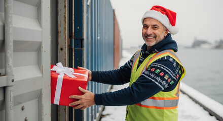 Cheerful mailman in santa hat and festive christmas sweater delivering red gift package with white bow for holiday shipping and postal services promotion marketing horizonta