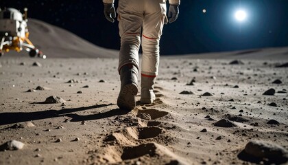 Alien leaving new footprints on dusty moon surface, distant space background, 8K detail
