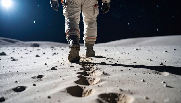 Alien leaving new footprints on dusty moon surface, distant space background, 8K detail