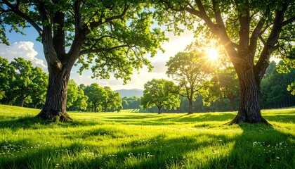 Obraz premium Lush green field bathed in golden sunlight