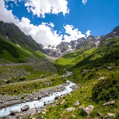 Majestic Mountain Valley with a Winding River and Snow-Capped Peaks.