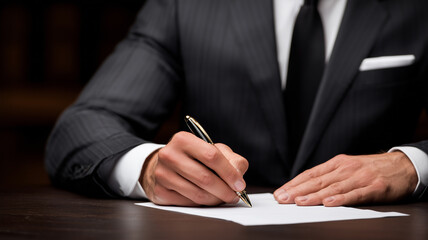 Professional signing a contract at a desk, symbolizing agreement commitment trust and legal authorization in business.
