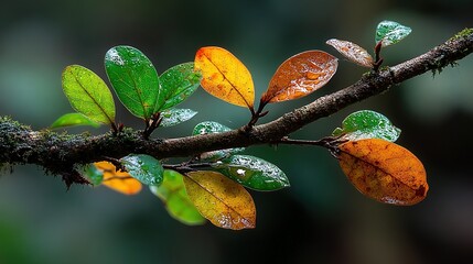 Branch with leaves in varying colors showing autumn or seasonal change.