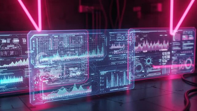 Futuristic interface displaying data analytics in neon - Powered by Adobe