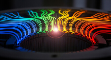 Dynamic abstract light trails illuminate a circular technological component, symbolizing vibrant energy flow and complex data streams within a modern system