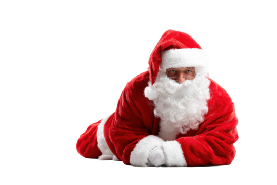 Man in Santa Suit Lying Pose on Transparent Background