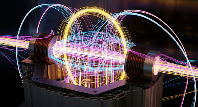 Dynamic energy and data flow visualized as vibrant luminous streams from a futuristic device, illustrating advanced technology and quantum physics principles - Powered by Adobe