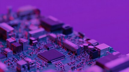 Close-up View of a Circuit Board Illuminated in Purple Light Showcasing Intricate Electronic Components and Connections for Advanced Technology
