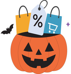 Halloween Pumpkin Shopping Vector with Discount Tags and Bags. E-commerce Halloween Promotion Flat Design  Pumpkin, Shopping Bags, and Discount Label.