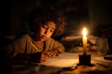 A child studying by candlelight at home determined to finish homework despite hardship The mood feels touching and relentless, Generative AI 