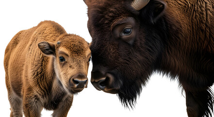 Fototapeta premium A close-up of an American bison, with its young, showcasing a tender moment in nature. The bison stands as a symbol of strength and resilience