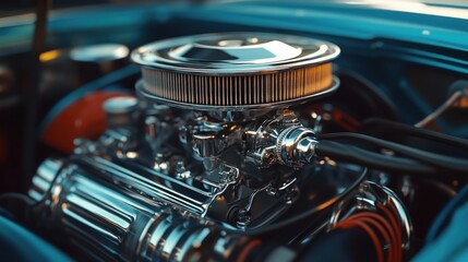 Close-up of a Chrome-Plated Car Engine