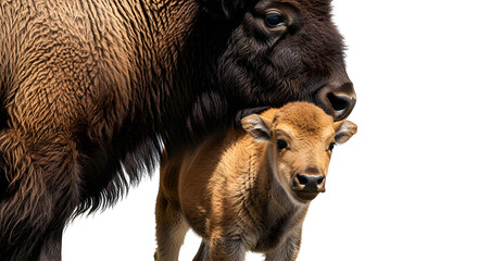 Fototapeta premium A highland cow with its calf is a beautiful portrait of a brown mammal on a farm