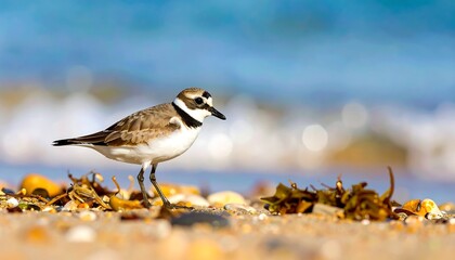 Small shorebird standing on a sandy beach with seaweed and pebbles, against a backdrop of blurred turquoise ocean waves