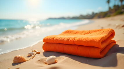 beach towel and starfish on beach,Beach essentials on sand,Colorful beach towel on sandy shore with ocean background