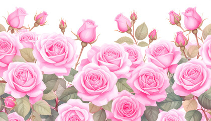 Vibrant pink roses bloom beautifully, creating a soft romantic floral border perfect for celebrations