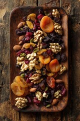 Colorful Dried Fruit And Nut Mix On Wooden Plate