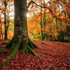 Majestic old tree with exposed roots in a vibrant autumn forest floor covered in fallen leaves.