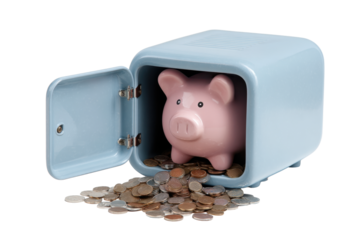 Piggy Bank in Mini Safe with Coins on Transparent Background