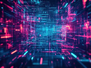 Obraz premium Futuristic digital abstract background with glowing neon lines and geometric shapes creating a high-tech virtual environment with vibrant pink and blue colors