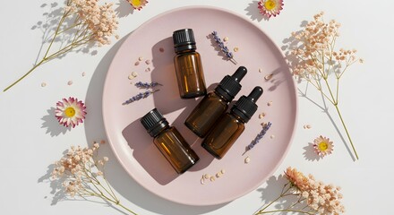 Essential oil bottles with flowers on a plate, top view flat lay.