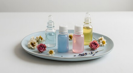 Aromatic essential oils in bottles with flowers on a tray, wellness concept.