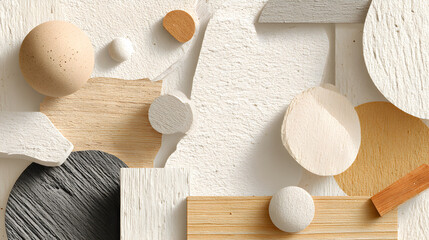 Cream and gray abstract textured background with scattered wood pieces and organic shapes, minimalist composition --ar 16:9