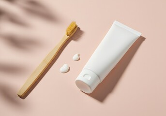 Bamboo toothbrush and white toothpaste tube with drops on a pink surface under shadows.