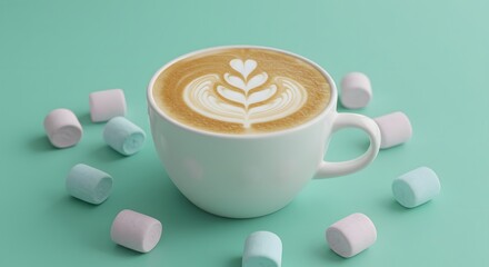 Latte art in a white cup surrounded by pastel marshmallows on a mint background.