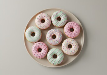 A plate of colorful and delicious glazed donuts with sprinkles.