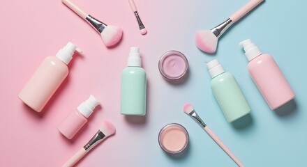 Pastel-colored skincare and makeup products arranged on a two-tone background.