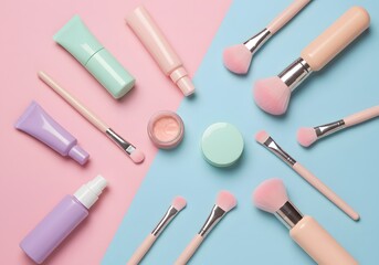 Pastel makeup products and brushes on a split pink and blue background.