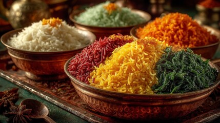 Fototapeta premium Colorful Display of Different Colored Rice Varieties in Bowls