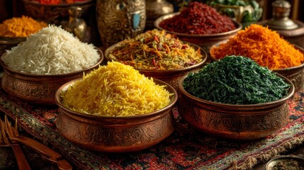 Fototapeta premium Colorful Display of Various Rice Varieties in Ornate Bowls