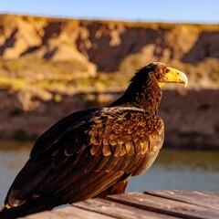 Majestic Stellers Sea Eagle Perched on Wooden Surface with Canyon Background.