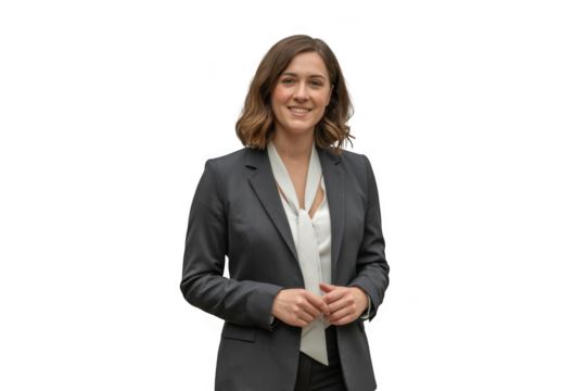 Professional headshot of a smiling woman in a dark suit and white blouse holding a green object transparent background