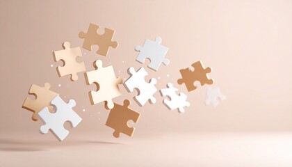 3D puzzle pieces interlocking in mid-air