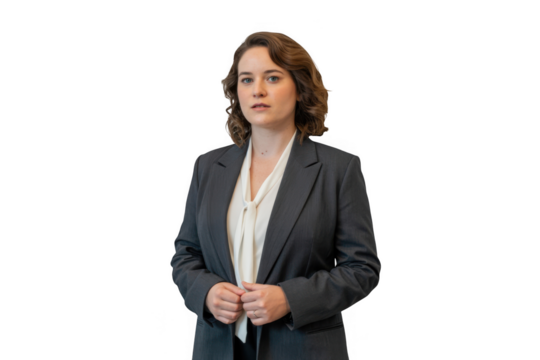 Professional woman wearing dark blazer and white blouse with headset ready for business presentation transparent background